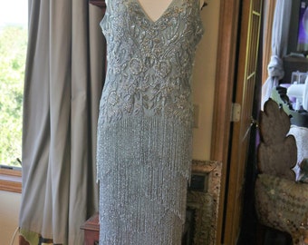 Fringe Silver gray Fringe 1920s inspired Flapper Shimmy fringed beaded wedding dress Downton abbey bridal gown silver heavily beaded sexy