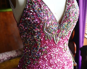 Raspberry mermaid fairy alternative Rainbow sequin Beaded Art Deco Alternative wedding gown Gatsby fairy castle wedding