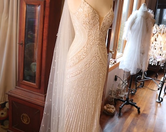 Ivory White beaded sequin wedding art deco bridal gown Downton abbey 1920 1930