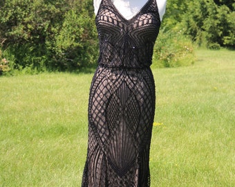 Raven Black Art Deco Goddess flapper gown. Heavily beaded  Gorgeous back for the sexy siren in you wedding dress bridal gown