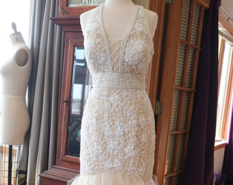 Wedding dress heavy white beaded ivory sexy bridal gown flapper wedding great gatsby gown size 14