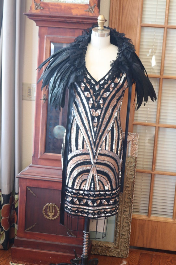 1920s Style Flapper Beaded Dress Black Copper Silver Downton | Etsy