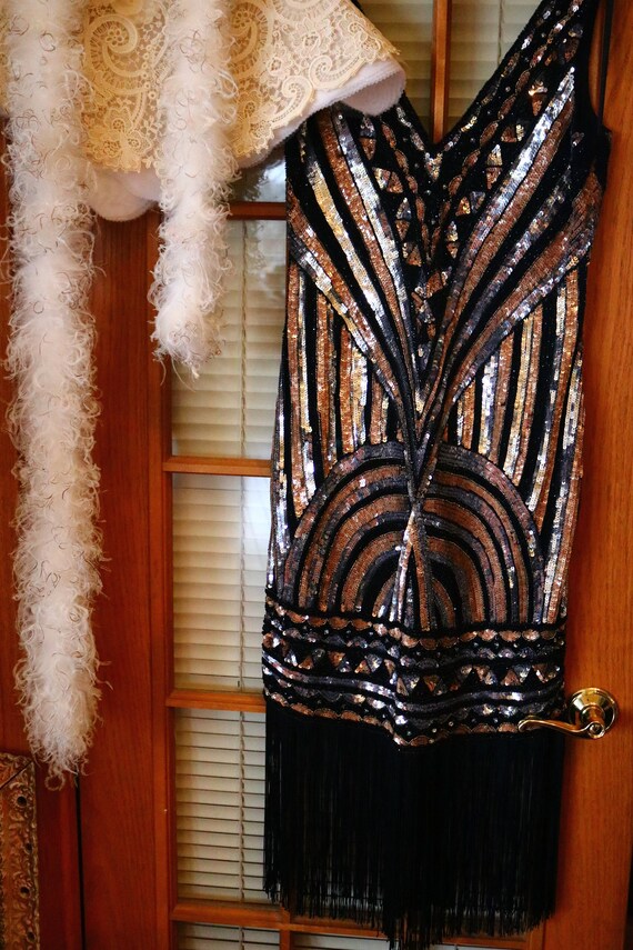 1920s style flapper FRINGE beaded dress black cop… - image 3