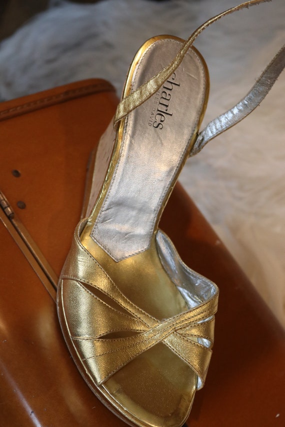 Vintage Gold ankle wrap wedge heel shoes sz eight - image 8