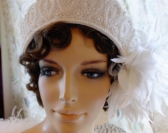 Wedding Headpeice tiara veil beaded with feather flapper headpeice