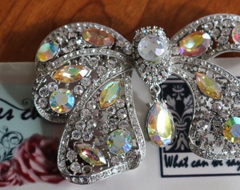 Rhinestone auroura borealis Bow brooch pin