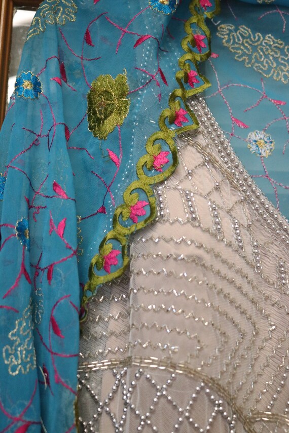 Antique blue multicolored embroidered shawl wrap … - image 7
