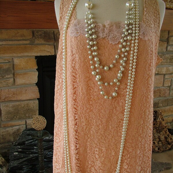 1920s Vintage peach lace wedding dress flapper gown great gadsby reception dress