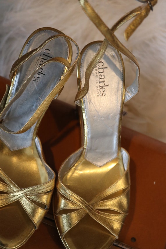 Vintage Gold ankle wrap wedge heel shoes sz eight - image 4