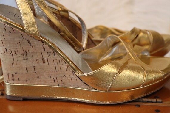 Vintage Gold ankle wrap wedge heel shoes sz eight - image 6