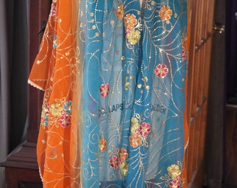 Vintage antique blue  tangerine floral  jeweled beaded rhinestone shawl wrap scarf Indian wedding scarf sari scarf flapper wrap stole