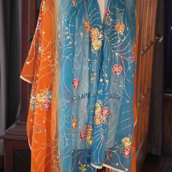Vintage antique blue  tangerine floral  jeweled beaded rhinestone shawl wrap scarf Indian wedding scarf sari scarf flapper wrap stole