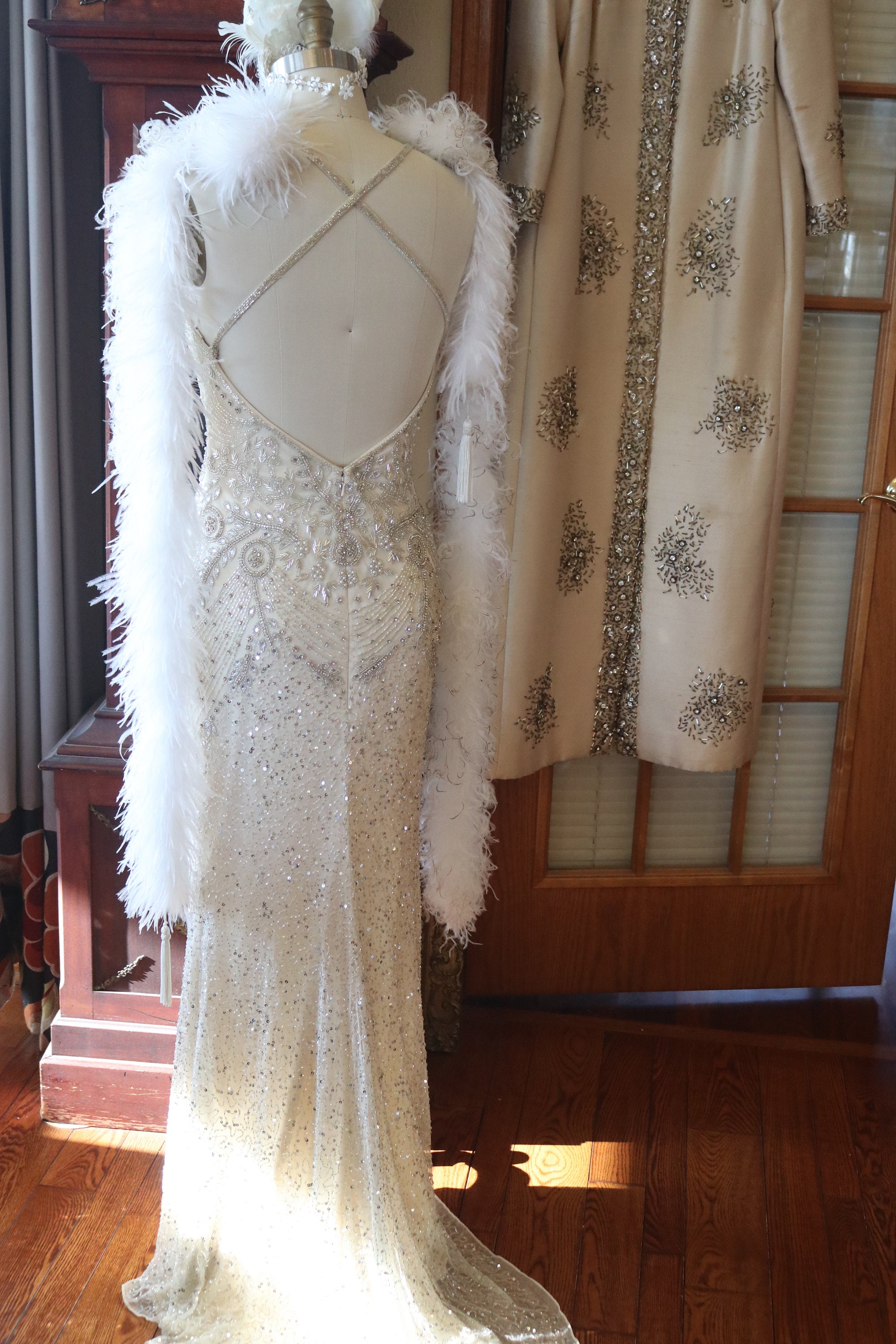 Rhinestone FLAPPER Cleopatra 1920s Wedding Dress Beaded Lace 1920s