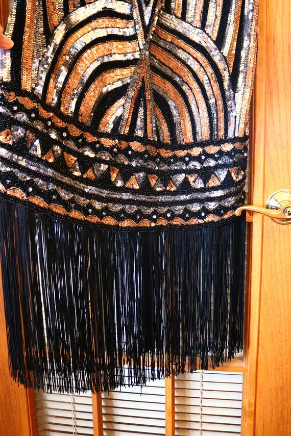 1920s style flapper FRINGE beaded dress black cop… - image 9