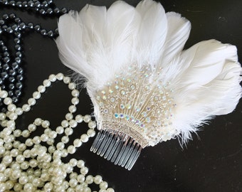 Flapper 1920s feather and rhinestone wedding headpiece headband