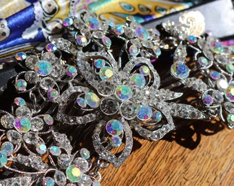 Rhinestone wedding bridal veil head piece Large tiara aurora borealis flapper headband hair comb