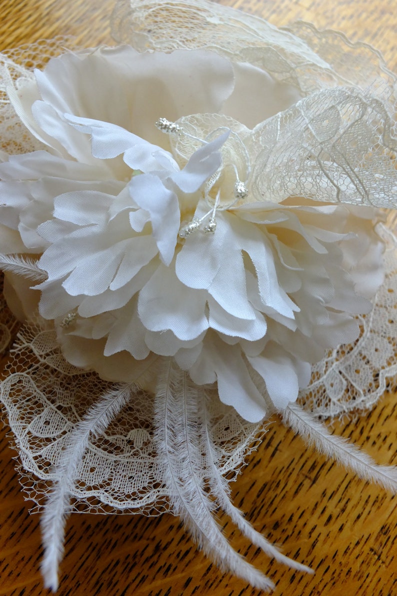 Handmade lace feather wedding headpeice floral comb 1920s veil tiara image 1