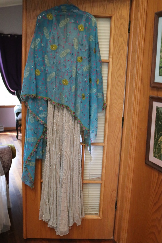Antique blue multicolored embroidered shawl wrap … - image 10