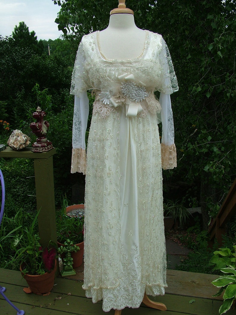 Bridgerton styled Wedding dress Vintage inspired empire waistline renaissance style fantasy gown antique laces image 1