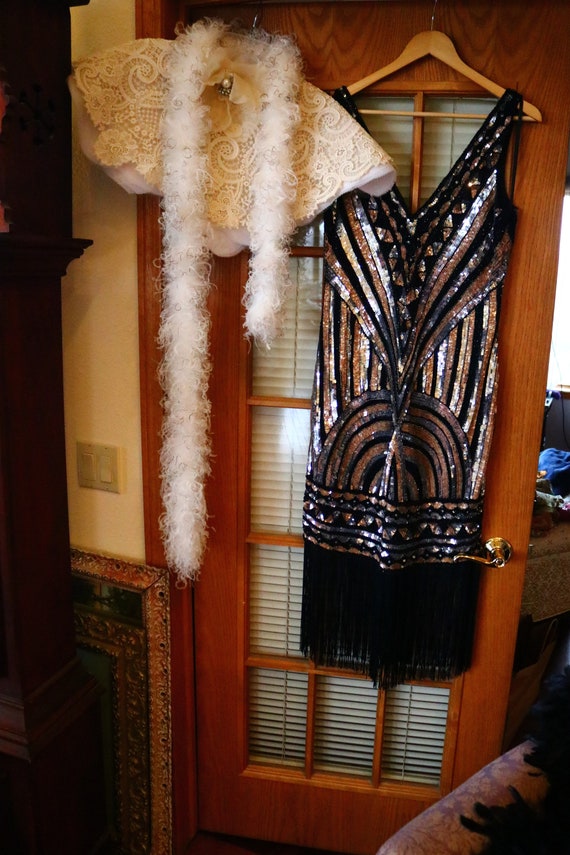 1920s style flapper FRINGE beaded dress black cop… - image 10