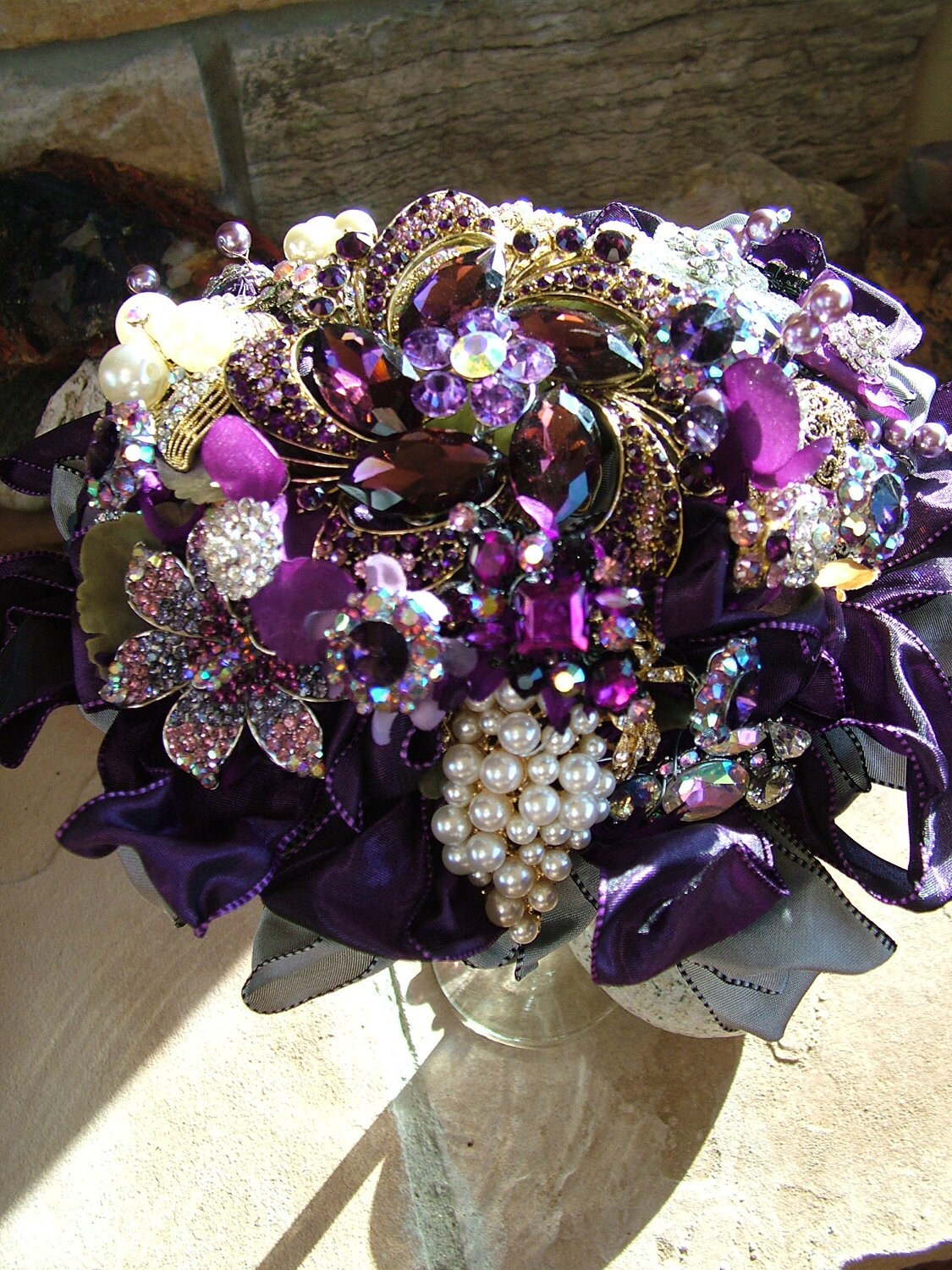 Bridal bouquet handmade Purple wedding brooch beaded ...