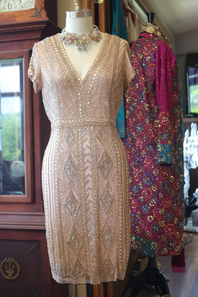 Silver gold Fringe art deco Flapper dress Downton abbey bridal silver heavily beaded sexy image 1