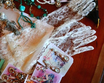 Lace sheer Elbow Gloves 12 inch length Matt  White ivory  wedding bridal 1920s weddings Flappers Marilyn Monroe