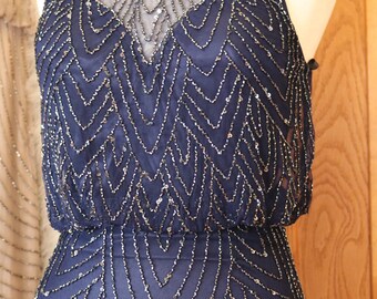 1920s inspired Flapper beaded wedding dress Downton abbey bridal gown navy blue