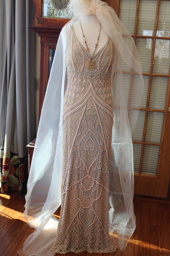 Creamy peach beaded wedding dress art deco 1930s v