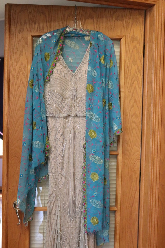 Antique blue multicolored embroidered shawl wrap … - image 4