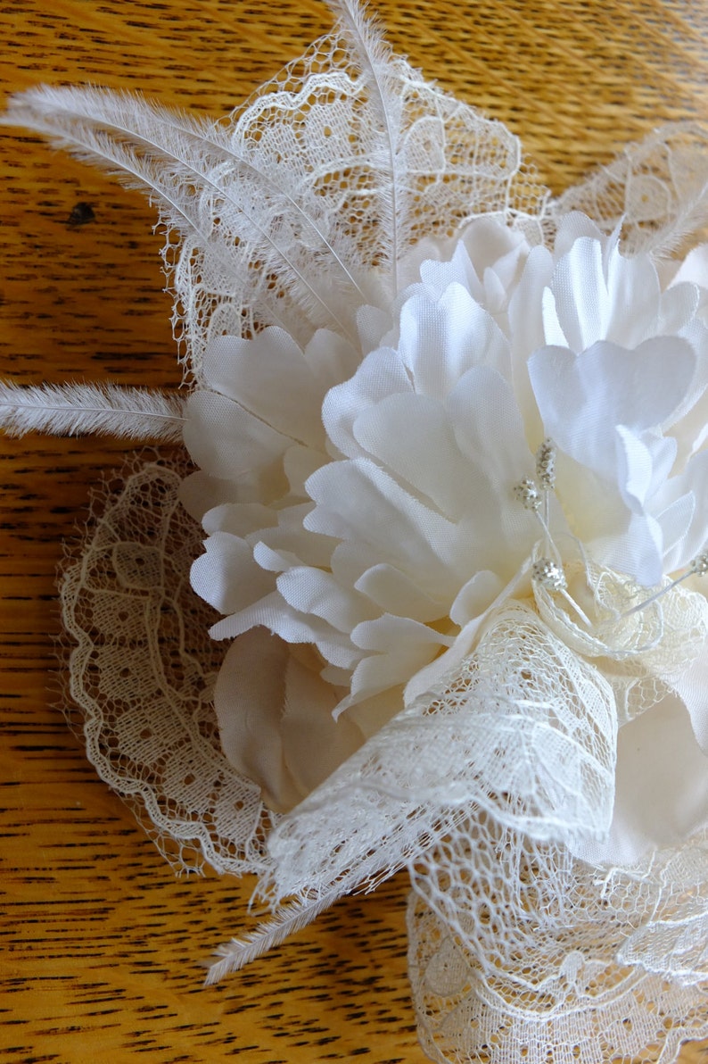 Handmade lace feather wedding headpeice floral comb 1920s veil tiara image 2