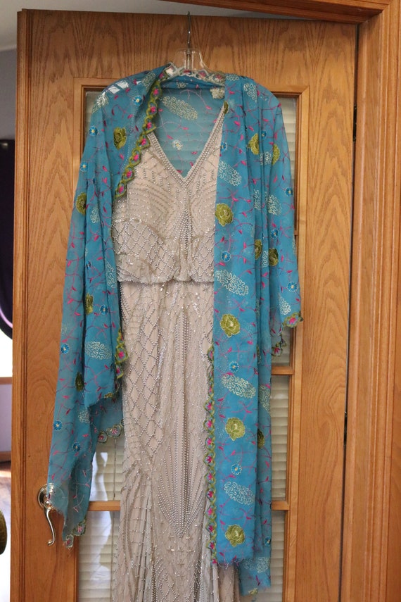 Antique blue multicolored embroidered shawl wrap … - image 8