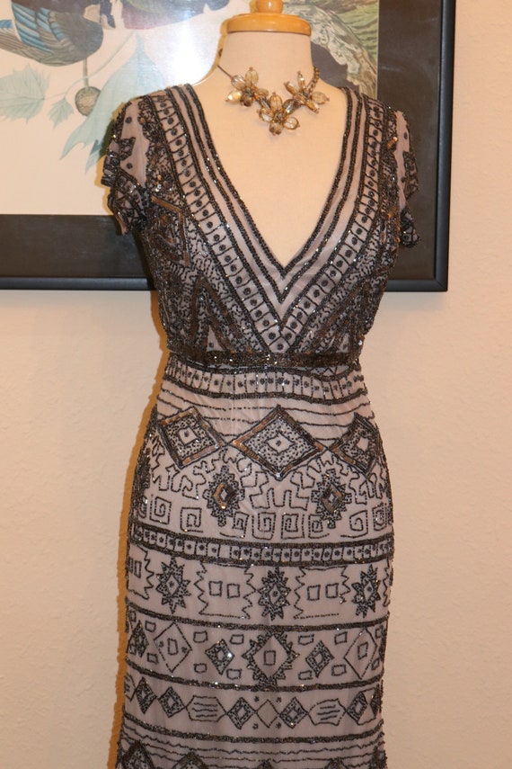 Platinum Egyptian bead 1920s style beaded gown rec