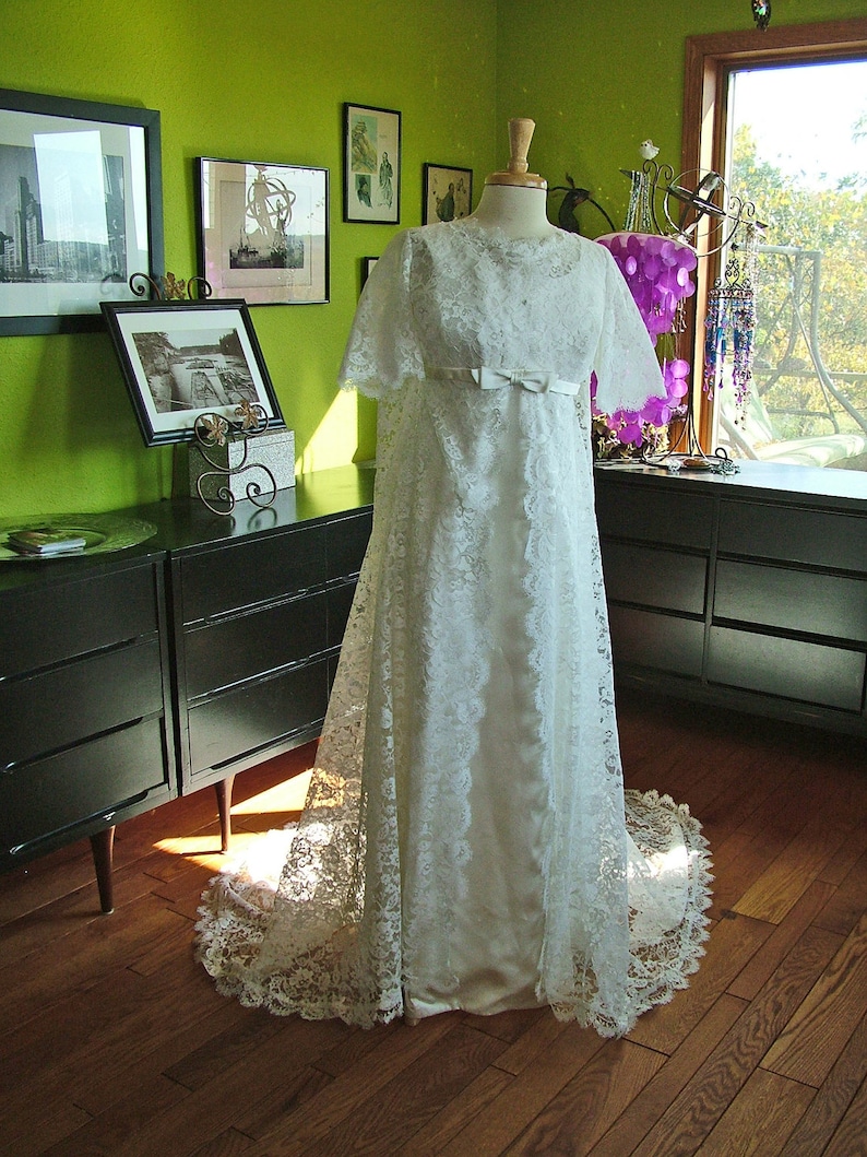 Wedding dress glorious 1960s lace wedding coat satin sheath gown empire wasitline bridal gown image 1