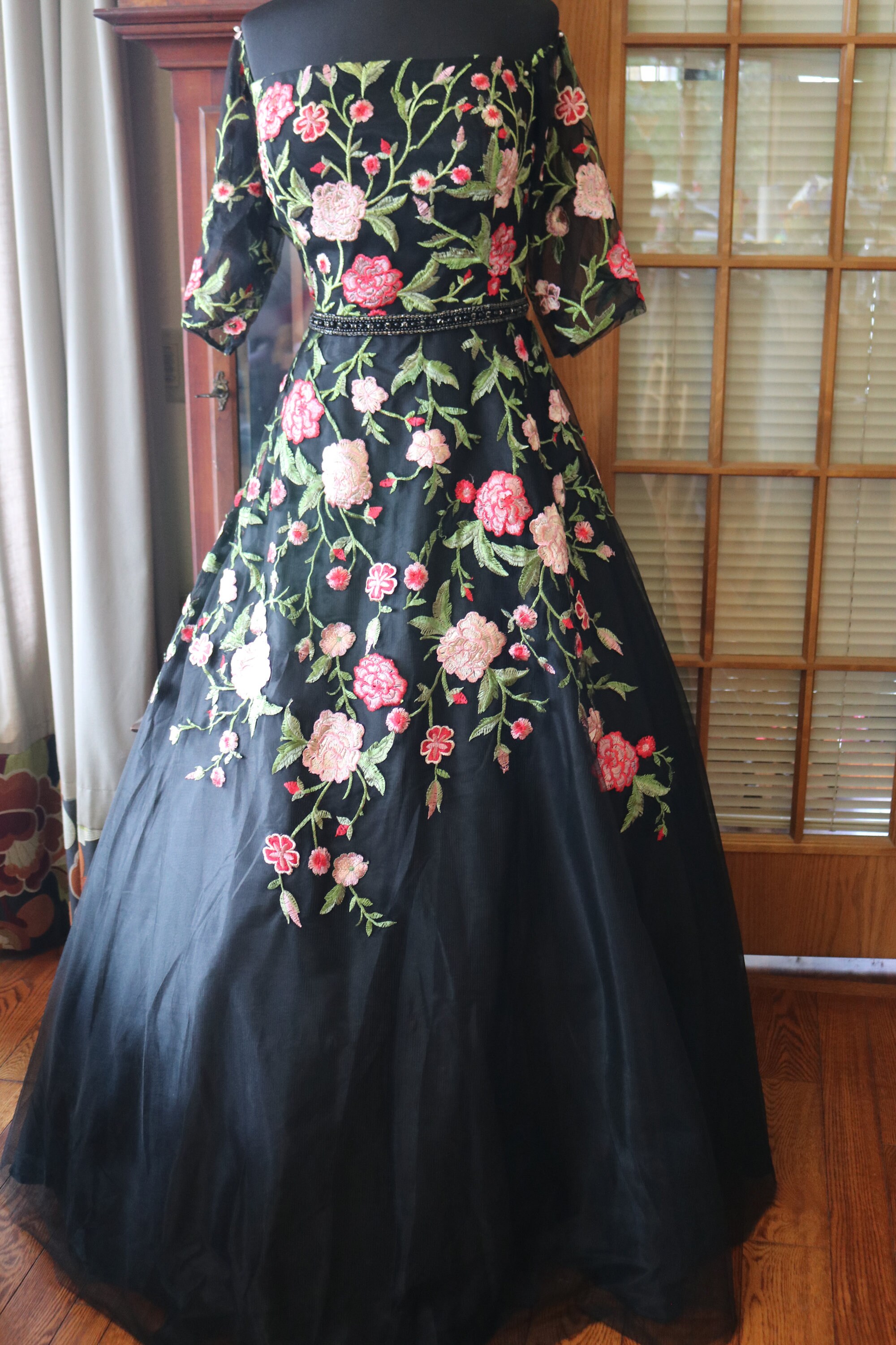 Black Floral Wedding Dress Embroidered Alternative Bridal Gown Roses