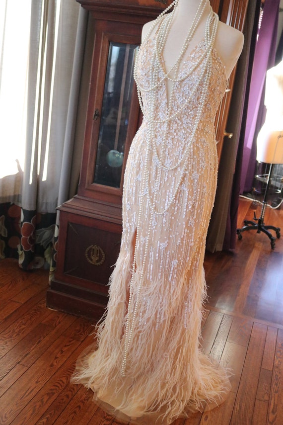 Feathered beaded art deco Wedding dress beaded lace 1920s | Etsy