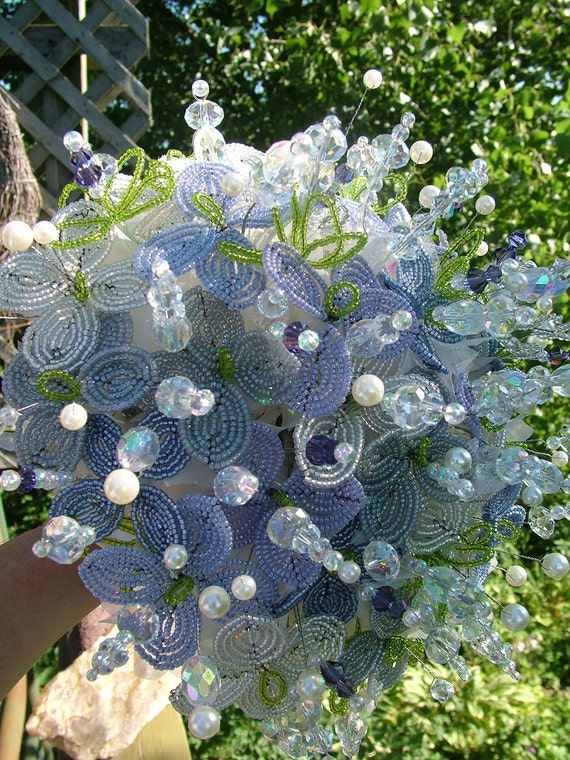 beaded bridal flowers, vintage floral composition bridal bouquet immortal bouquet bluepurple beads Beaded bouquet