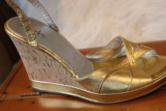 Vintage Gold ankle wrap wedge heel shoes sz eight - image 9