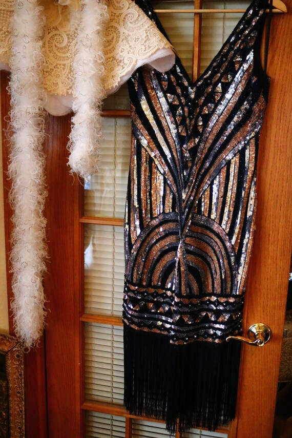 1920s style flapper FRINGE beaded dress black cop… - image 8