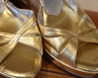 Vintage Gold ankle wrap wedge heel shoes sz eight