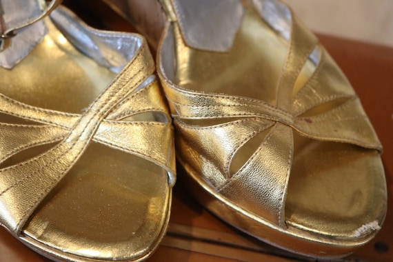 Vintage Gold ankle wrap wedge heel shoes sz eight - image 1