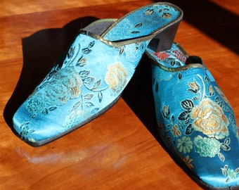 SZ eight Blue Turquoise Gold chinese wedding mule heels shoes size eight bridal evening heels mules