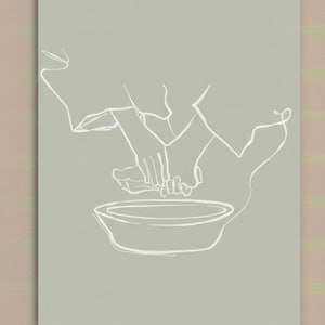 Könnte beinhalten: Ein minimalistischer Kunstdruck auf hellgrauem Hintergrund. Das Kunstwerk zeigt die Hände und Füße einer Person, die mit einer Schüssel interagiert. Die einfachen weißen Linien erzeugen ein Gefühl von Ruhe und Gelassenheit, passend für ein Spa oder Badezimmer.