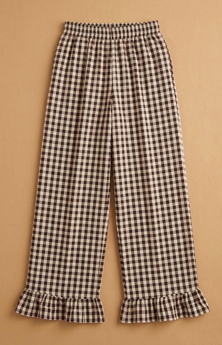 100% Cotton Plaid Pants With Frilly Bottom