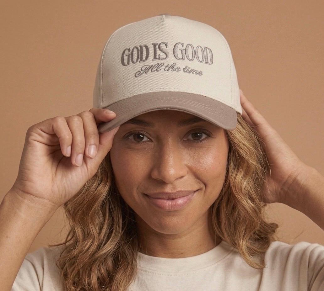 Beige Embroidered “god is Good All the Time” Print Cotton 