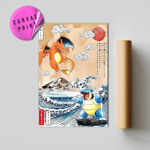 May include: Canvas print featuring a vibrant illustration of Charizard and Blastoise in a Japanese art style. The artwork includes Japanese text, a red sun, and stylized waves. A pink sticker with "CANVAS PRINT" is in the upper left corner.