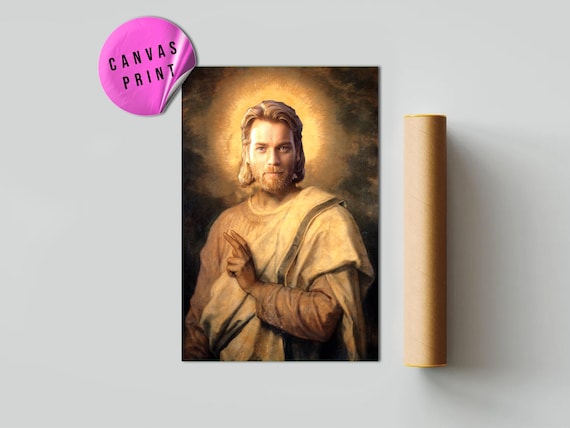 Space Jesus Canvas Wall Art, Obi-Wan Kenobi Poster, Star Wars Funny Print, Jesus Oil Painting Parody, Geek Room Decor, Sci-Fi Wall Print