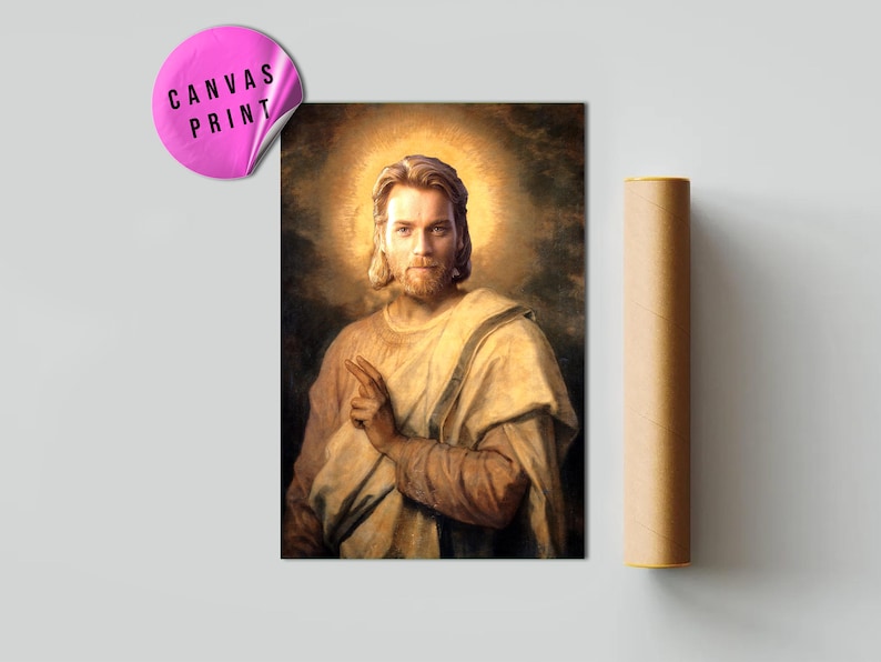 May include: A canvas print featuring a portrait of a man with long hair and a beard, surrounded by a golden halo. The man is wearing a cream-colored robe and pointing with his right hand. A pink sticker with the words "CANVAS PRINT" is in the upper left corner.