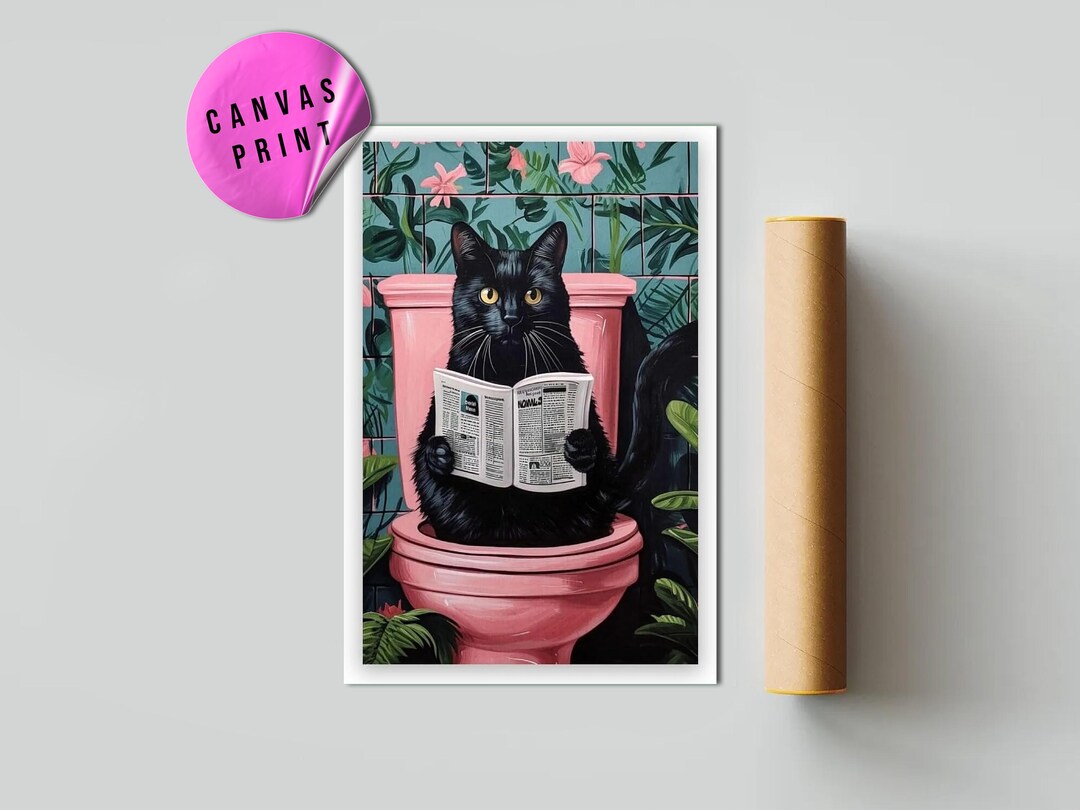Funny Cat Bathroom Wall Art, Black Cat on Toilet Reading Poster, Quirky ...