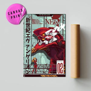May include: A canvas print featuring a vibrant illustration from the anime series, Evangelion. The artwork showcases a red mecha with Japanese text and the number "02". A pink sticker with "Canvas Print" is on the left.